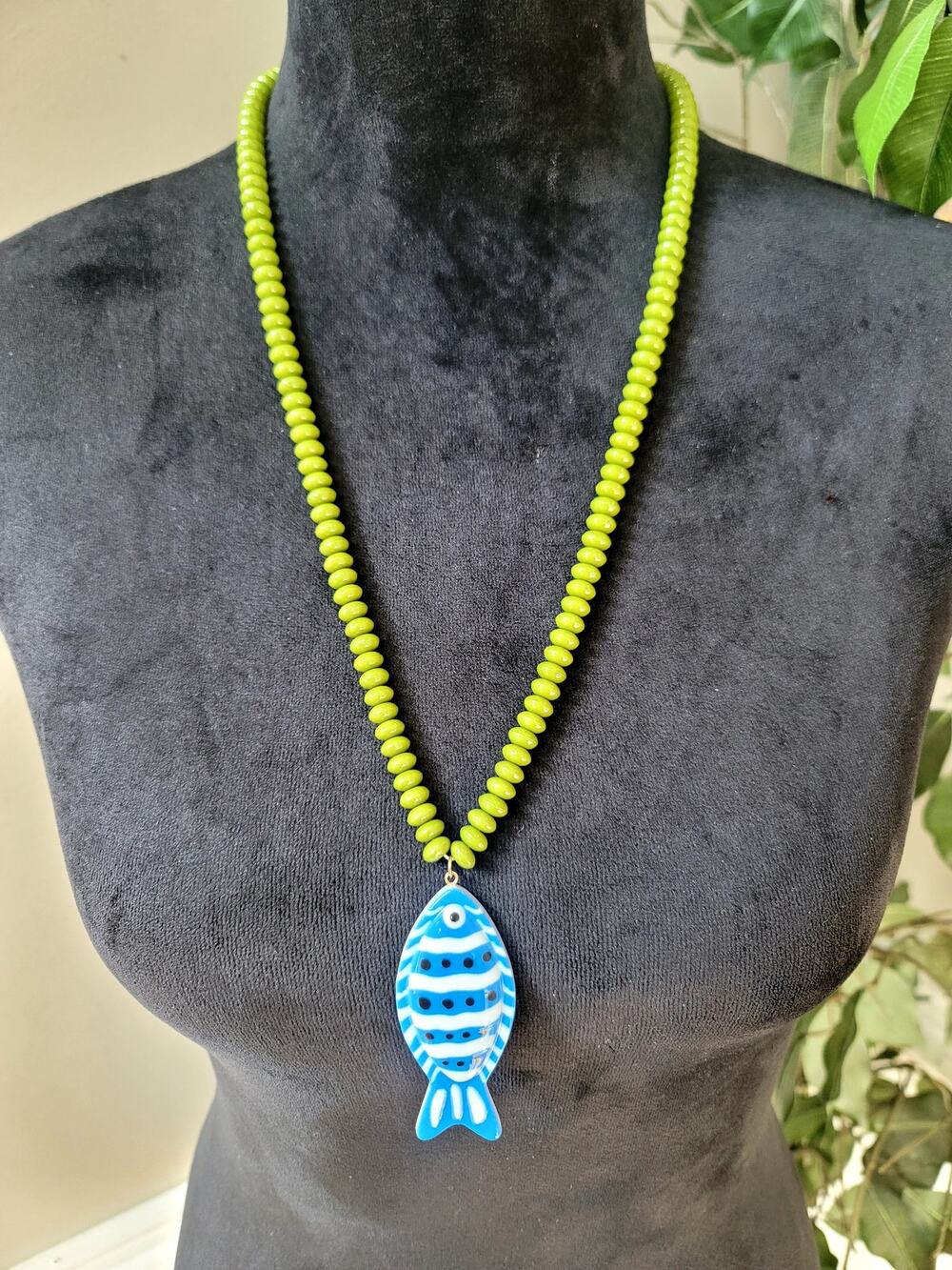 Lightweight Lime Green Beaded Necklace Blue Fish Pendant Coastal Jewelry